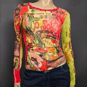 Vintage Save The Queen Mesh Long Sleeve Top Size M Red Yellow Colorful